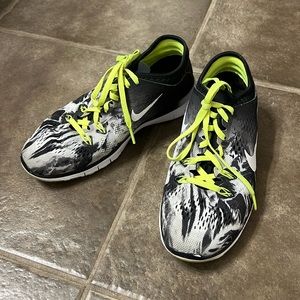 Nike Free 5.0 black, white, and fluorescent yellow